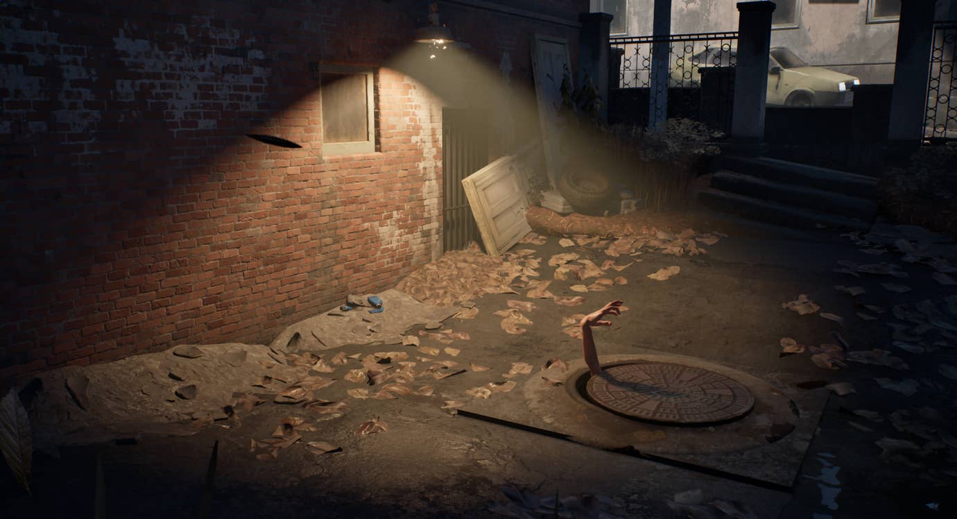 An arm protruding from a slightly lifted manhole cover in a dimly-lit brick alleyway from Militsioner.